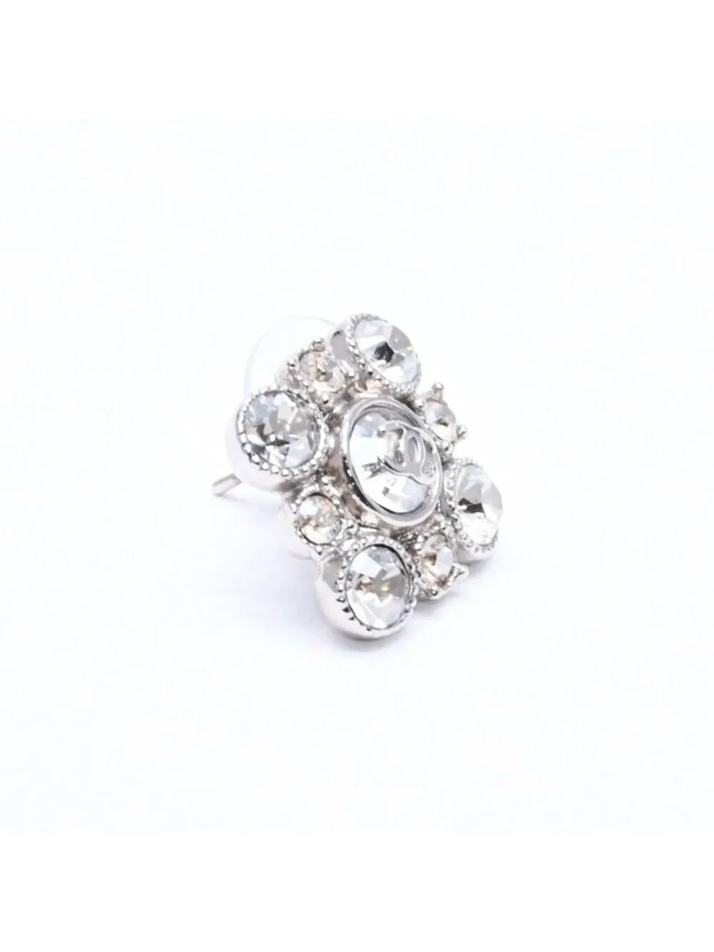 Chanel Earrings Round Big Stone 09 Silver Color Rhinestone